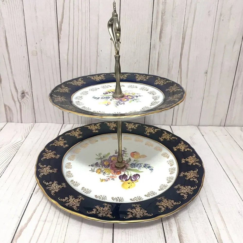 Vintage A-I Czech Republic Design 2 Tier Porcelain Serving Stand Cobalt Floral